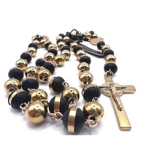 NWT Anthony Jacobs Rosary Necklace Black Gold Beads Stainless Steel Cross 28"